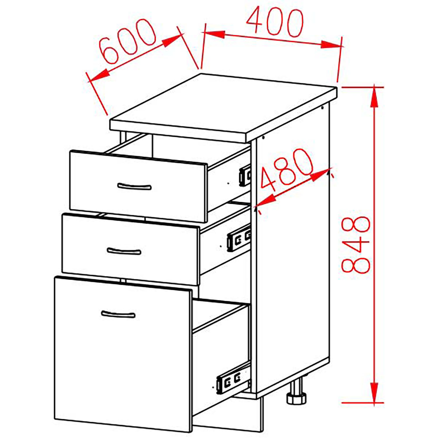 Шкаф напольный 400х850х600 мм BROZEX-WOOD Liberty, с тремя ящиками, белый