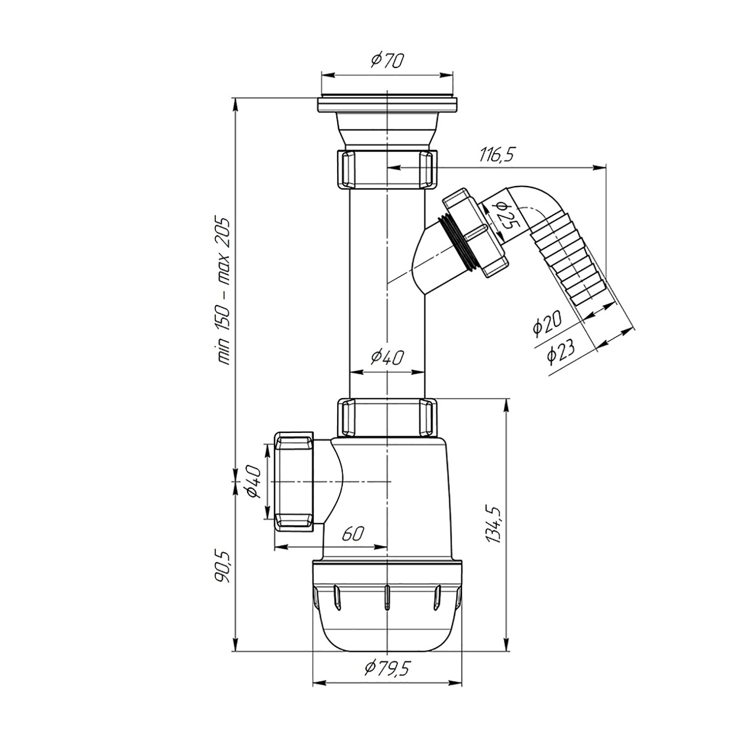Сифон бутылочный 1 1/2"*40 с отводом стиральной машины АНИ ГРОТ А1000 *1/35