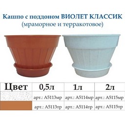 Кашпо пластм. "Виолет Классик" 1,0л d верха 160мм h90мм с поддоном д/Фиалок Мрамор А5114мр *1/60
