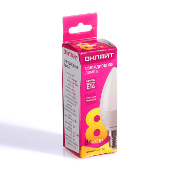 Лампа светодиодная ОНЛАЙТ, Е14, свеча C37, 8 Вт, 2700 К, теплый белый