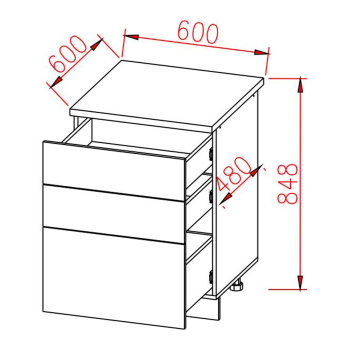 Шкаф напольный 600х850х600 мм BROZEX-WOOD Серый лед, с тремя ящиками, серый / графит