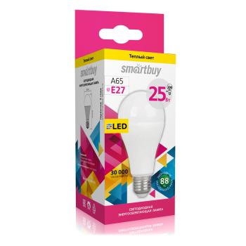 Лампа светодиодная Smartbuy, Е27, груша A65, 25 Вт, 1900 Лм, 3000 К, теплый белый